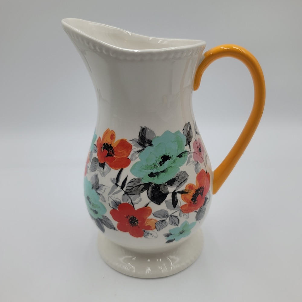 Pioneer Woman Flea Market Floral Stoneware Pitcher 2 Quart White Yellow Handle